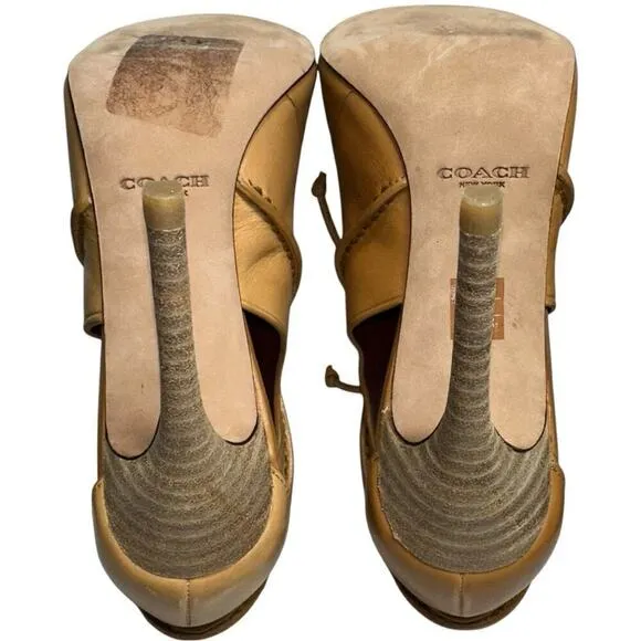 Coach Women’s Size 6 Ginger Tan Leather Loise New Calf Lace Front Open Toe Heels