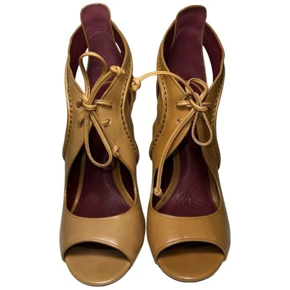 Coach Women’s Size 6 Ginger Tan Leather Loise New Calf Lace Front Open Toe Heels
