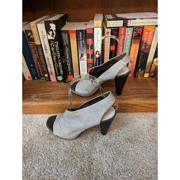 Coclico grey leather slingback ruched open toe heels sz 37