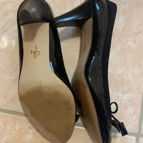 COLE HAAN BLACK LEATHER PUMPS HEELS BOW PATENT LEATHER OXFORDS TASSELS 7B SHOES