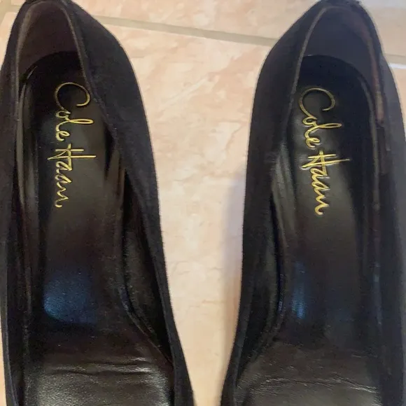 COLE HAAN BLACK LEATHER PUMPS HEELS BOW PATENT LEATHER OXFORDS TASSELS 7B SHOES