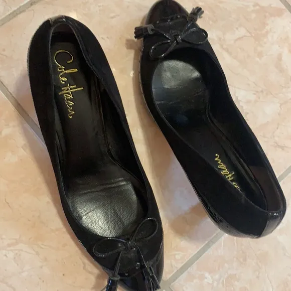 COLE HAAN BLACK LEATHER PUMPS HEELS BOW PATENT LEATHER OXFORDS TASSELS 7B SHOES