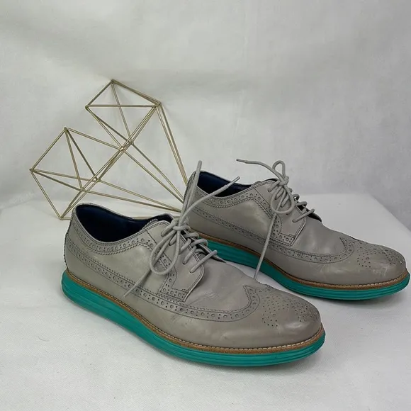 Cole Haan Grey Leather Aqua Green Sole Oxfords