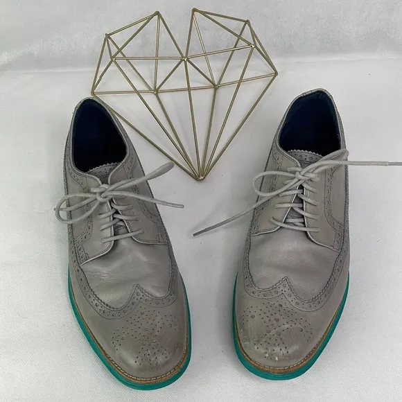 Cole Haan Grey Leather Aqua Green Sole Oxfords