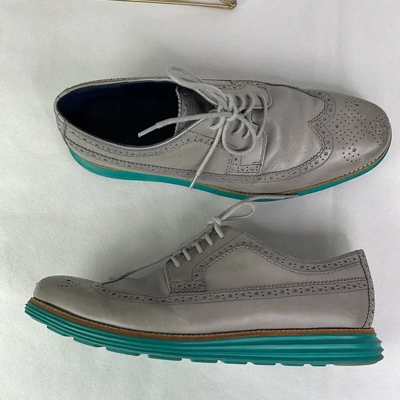 Cole Haan Grey Leather Aqua Green Sole Oxfords