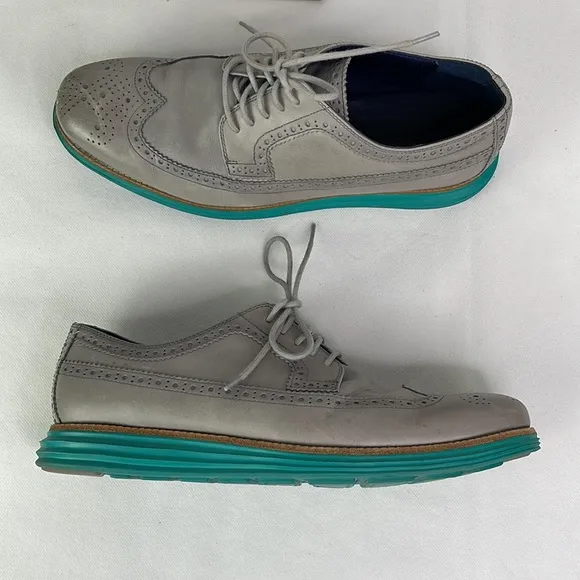 Cole Haan Grey Leather Aqua Green Sole Oxfords