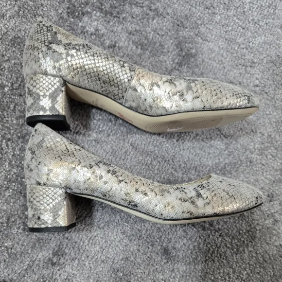 Cole Haan Lesli Metallic Snakeskin Print Leather Block Heel Round Toe Pumps