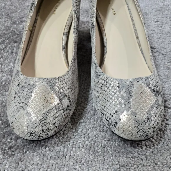 Cole Haan Lesli Metallic Snakeskin Print Leather Block Heel Round Toe Pumps