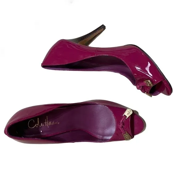 Cole Haan patent leather maroon purple pink open toe stiletto heels 8.5