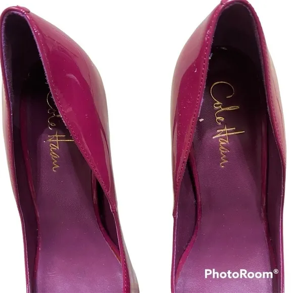 Cole Haan patent leather maroon purple pink open toe stiletto heels 8.5