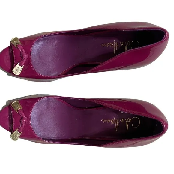 Cole Haan patent leather maroon purple pink open toe stiletto heels 8.5