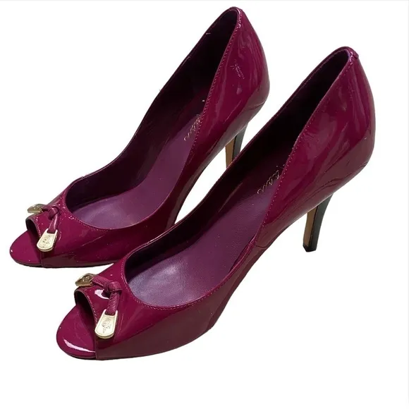 Cole Haan patent leather maroon purple pink open toe stiletto heels 8.5