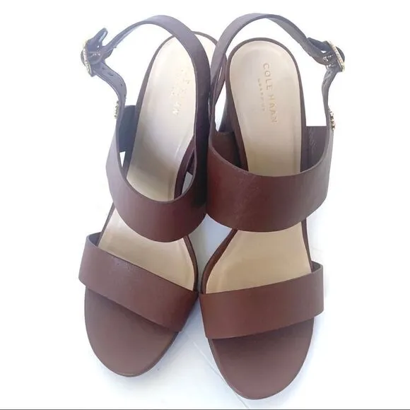 COLE HAAN BROWN LEATHER STRAPPY BLOCK HEELS