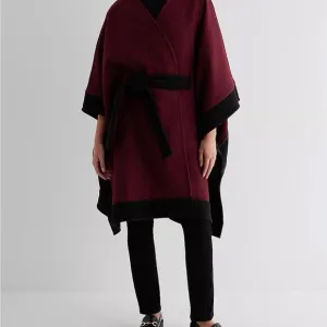 COPY - Elegant Burgundy Wrap Sweater Express Faux Wool Color Block Belted Cape …