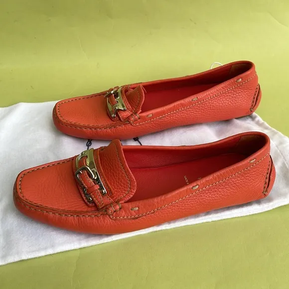 Coral/silver Prada pebbled leather shoes with dust bag