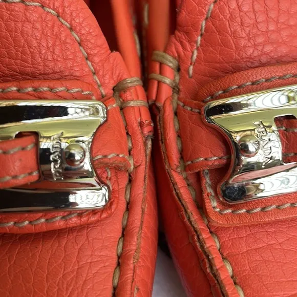 Coral/silver Prada pebbled leather shoes with dust bag