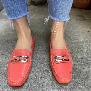 Coral/silver Prada pebbled leather shoes with dust bag