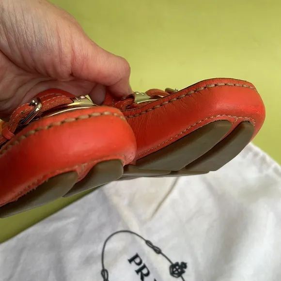 Coral/silver Prada pebbled leather shoes with dust bag
