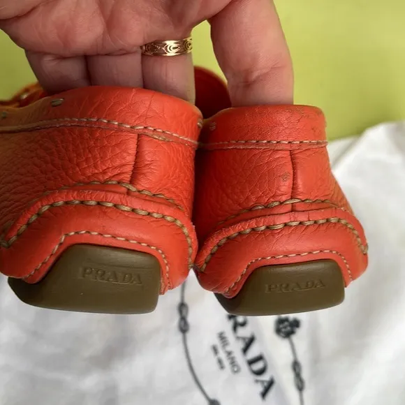 Coral/silver Prada pebbled leather shoes with dust bag