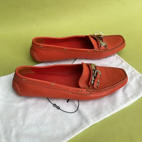 Coral/silver Prada pebbled leather shoes with dust bag