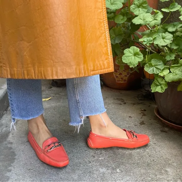 Coral/silver Prada pebbled leather shoes with dust bag