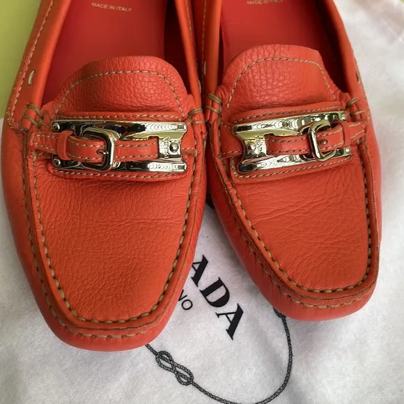Coral/silver Prada pebbled leather shoes with dust bag