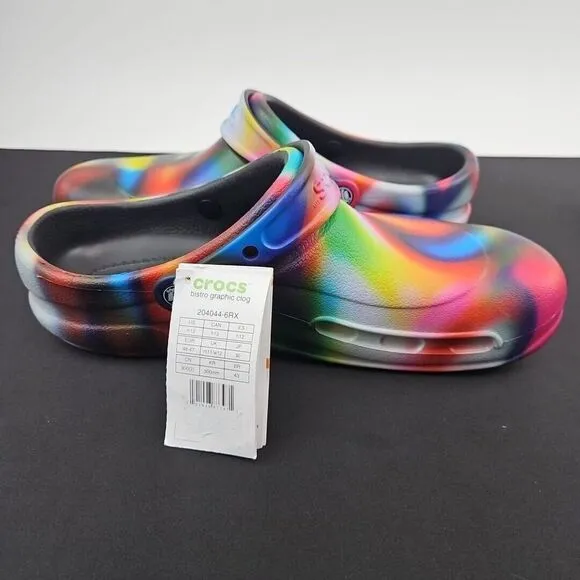 CROCS at Work Bistro Graphic Clog Men's Size 12‎ Tie Dye Rainbow Slip On Clogs