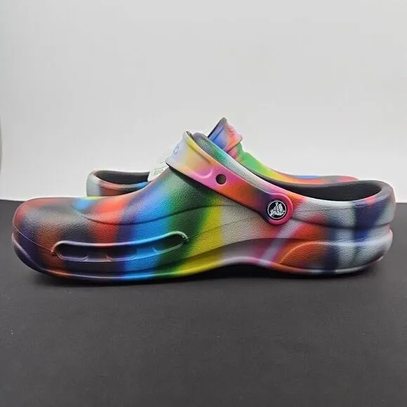 CROCS at Work Bistro Graphic Clog Men's Size 12‎ Tie Dye Rainbow Slip On Clogs