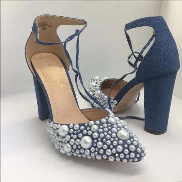 Custom Embellished Jean Block Heels