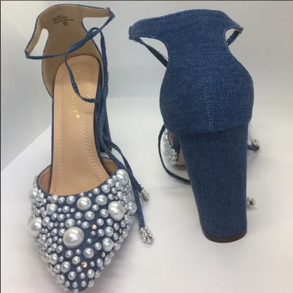 Custom Embellished Jean Block Heels