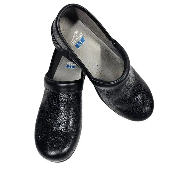 Dansko LT PRO Tooled Black Floral Professional Clog Leather EU 41 | US 10.5-11
