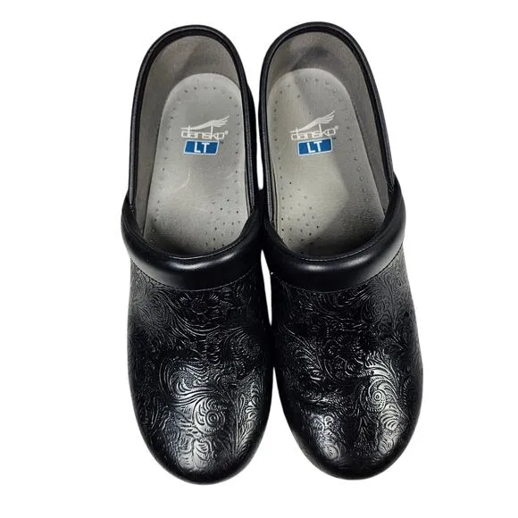 Dansko LT PRO Tooled Black Floral Professional Clog Leather EU 41 | US 10.5-11