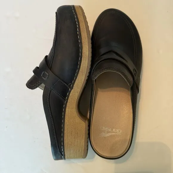 Dansko Mules Sz 8.5-9 Black Leather Penny Loafer Slip On Clog Comfort Work
