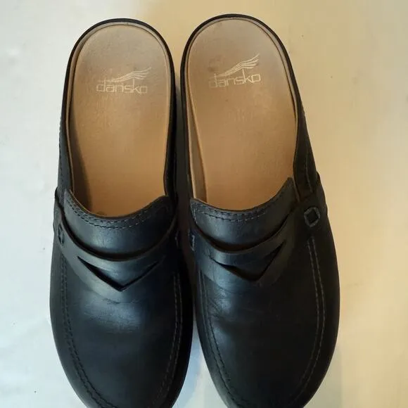 Dansko Mules Sz 8.5-9 Black Leather Penny Loafer Slip On Clog Comfort Work