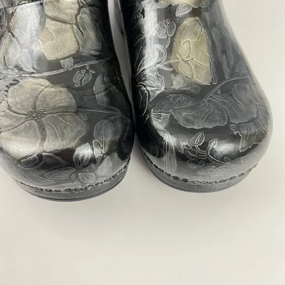 Dansko Patent Leather Floral Black Gold Silver Professional Clogs  42 11.5/12