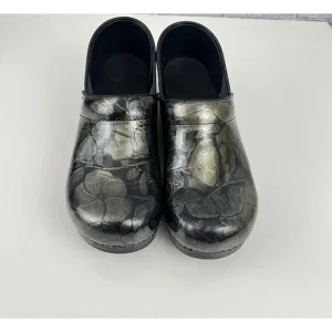 Dansko Patent Leather Floral Black Gold Silver Professional Clogs  42 11.5/12