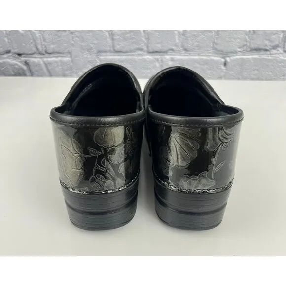 Dansko Patent Leather Floral Black Gold Silver Professional Clogs  42 11.5/12