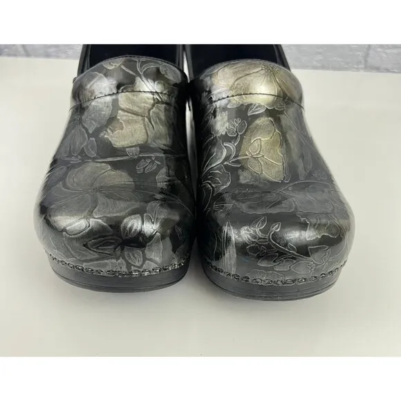 Dansko Patent Leather Floral Black Gold Silver Professional Clogs  42 11.5/12