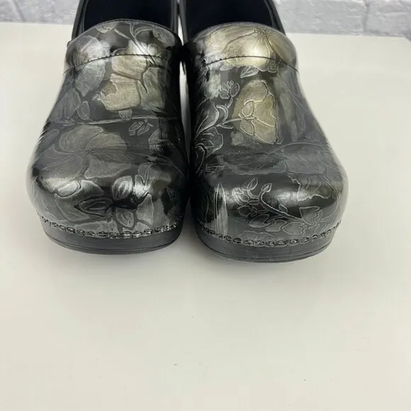 Dansko Patent Leather Floral Black Gold Silver Professional Clogs  42 11.5/12
