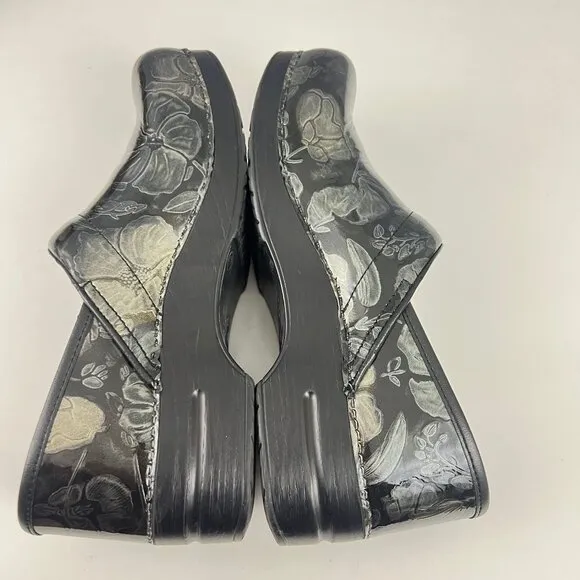 Dansko Patent Leather Floral Black Gold Silver Professional Clogs  42 11.5/12