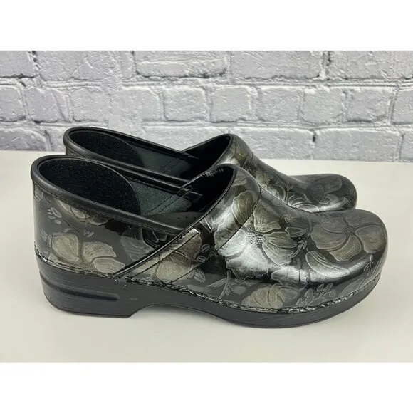 Dansko Patent Leather Floral Black Gold Silver Professional Clogs  42 11.5/12