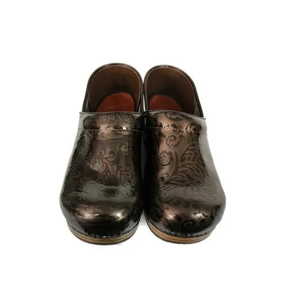 Dansko Professional Women's Brown Patent Leather Floral Paisley Clogs 11