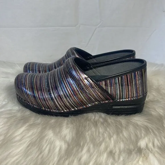Dansko Professional Multicolor Striped Patent Work Clogs Sz 37/US 6.5-7