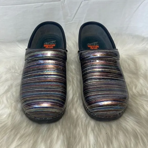 Dansko Professional Multicolor Striped Patent Work Clogs Sz 37/US 6.5-7