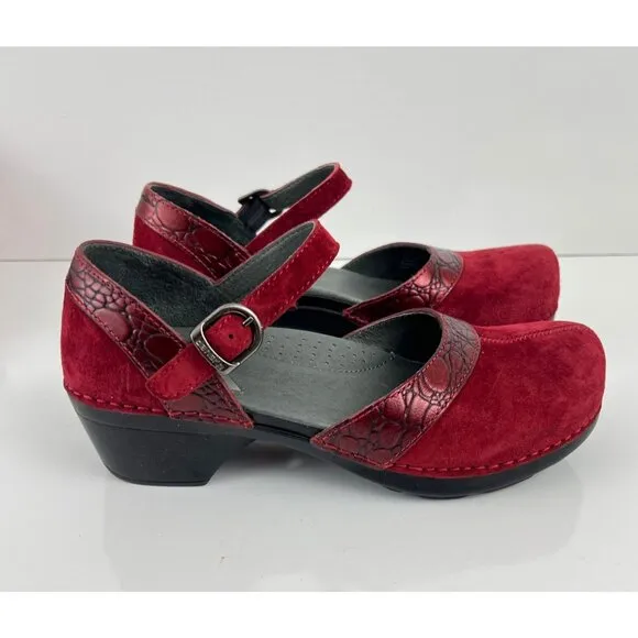 Dansko Sally Red Suede Croc Mary Jane Clogs Size EU 38 7.5/8