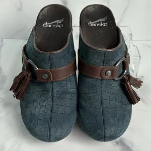 Dansko Shandi Nubuck Clogs Mules Blue Leather Croc Pattern Tassel Size EU 36