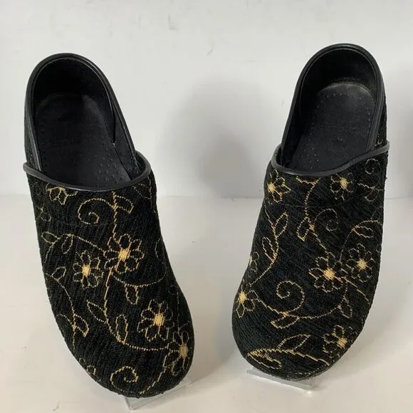 Dansko Women's Cloth‎ Soft Clogs Black and Gold Flowers Floral Nursing EU 39