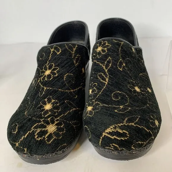 Dansko Women's Cloth‎ Soft Clogs Black and Gold Flowers Floral Nursing EU 39