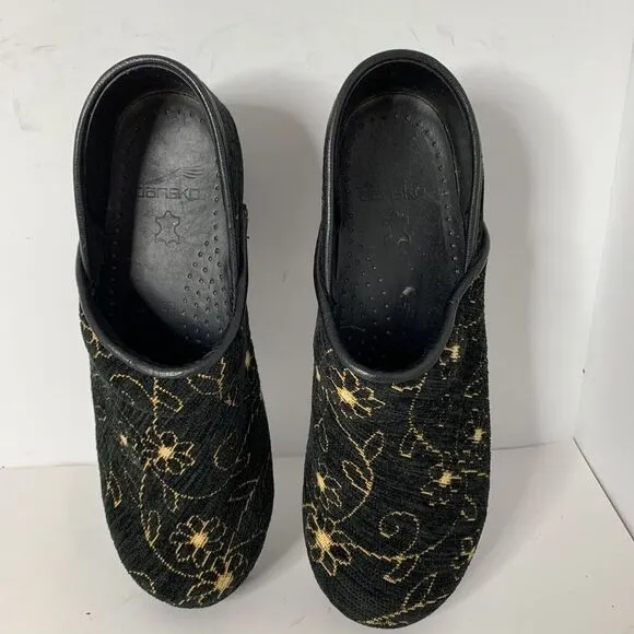 Dansko Women's Cloth‎ Soft Clogs Black and Gold Flowers Floral Nursing EU 39