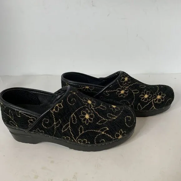 Dansko Women's Cloth‎ Soft Clogs Black and Gold Flowers Floral Nursing EU 39